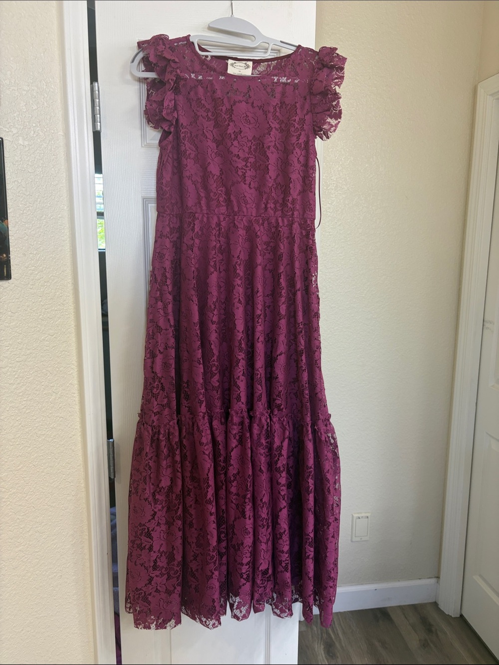 Joyfolie Plum Lace Ruffled-Sleeve Maxi Dress